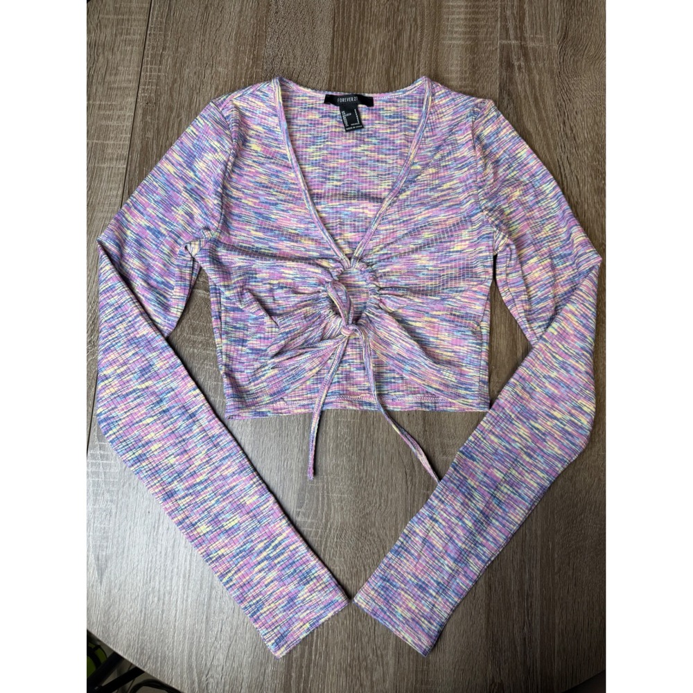Forever 21 Space Dye Crop Top Long Sleeve V-Neck O-Ring Tie Purple Small T13940